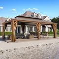 14'x22' Hardtop Gazebo, Outdoor Aluminum Galvanized Steel Wooden Finish Coated Double Roof Canopy with Netting and Curtains for Garden Patio, Backyard, Deck and Lawns.