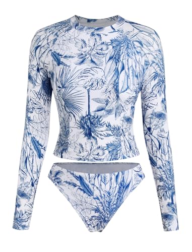 Image of ZAFUL Womens Rash Guard Swimsuits Long Sleeve Sun Protection Bathing Suit Tropical Swim Shirts with Briefs