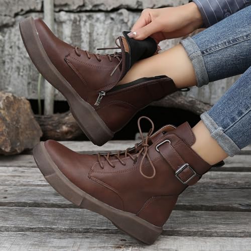 Platform Boots for Women Vintage Round Toe Chunky Heeled Ankle Boots Buckle Strap Lace Up Combat Boots Fleece Lined Fall Winter Short Boots with Side Zipper3