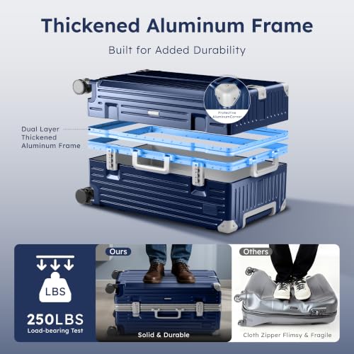 Image of ALPHA CAMP Trunk Luggage 24 Inch with Aluminum Frame Zipperless Suitcase | Medium Checked Thickened 3-Layer PC Hardshell with TSA Lock,Charging Port, Cup Holder and Spinner Wheels for Domestic Travel