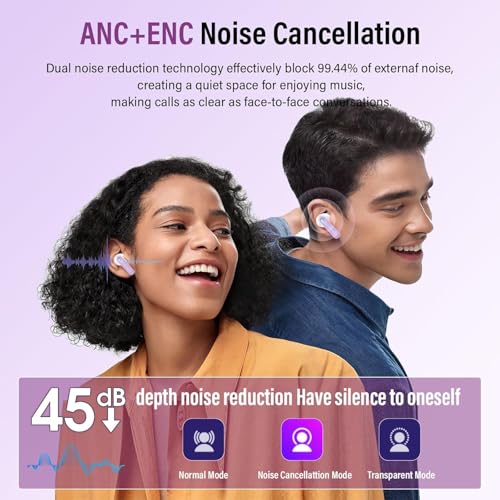 Image of Wireless Earbuds, Bluetooth 5.4 Headphones with Multifunctional Touch Screen, 48H Bass Stereo Ear Buds with ANC /ENC Noise Cancelling /Transparency Mode, IPX7 Earphones with 5 EQ Modes, Taro purple