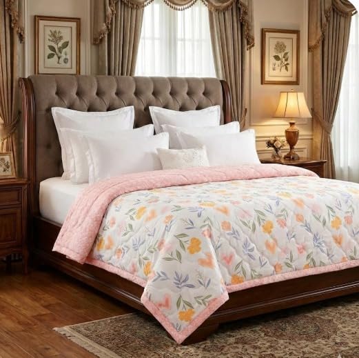 Image of Summer Blanket 100% Cotton Reversible Ac Comforter and Cooling | Classic Printed Design | Quilt | Dohar Single /Double Bed Quilt Ideal for Gifting (Pink, Single)