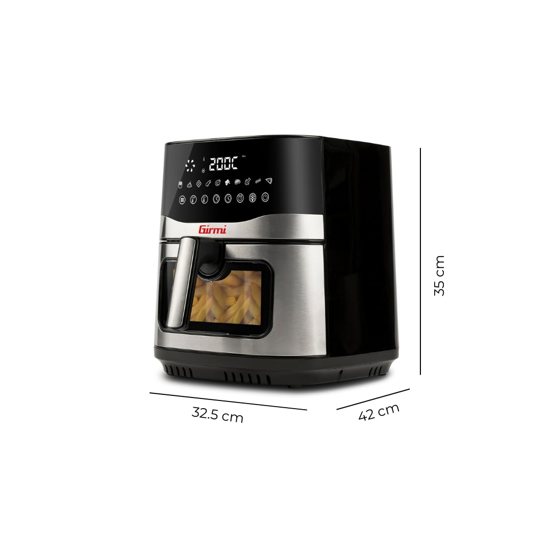 Girmi FG90 Friggitrice ad Aria Ecofrit Premium, 2200W, 9 Lt, Doppia Resistenza, Finestra, Contenitore Antiaderente, Display Digitale, Scongelamento, Partenza Ritardata, BPA/PFOA safe, Nero