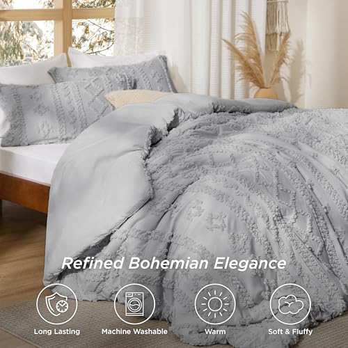 Bedsure Tufted Boho Comforter Set King Size - Light Grey Boho Bed Set, GentleSoft™ 3 Pieces Farmhouse Shabby Chic Embroidery Bedding, Gifts for Woman, Soft Jacquard King Comforter for All Seasons