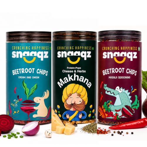 Image of Snaaqz Supergrain Snacks Combo 370g | Beetroot Chips Cream & Onion, Beetroot Masala Chips & Cheese & Herbs Makhana | Pack of 3 | High Protein | Baked & Crunchy | Vegetarian | Low-Calorie | Healthy Snacks for Adults & Kids