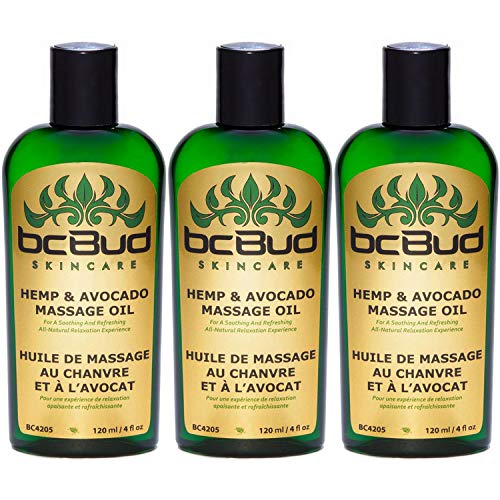 Hemp Massage Oil, All Natural, Unscented for Sensitive Skin, Relaxing, Sensual, Healing, Non Greasy for Stress Relief, Fragrance Free, Hypoallergenic with Grapeseed, Jojoba, Avocado Oils (3-Pack)