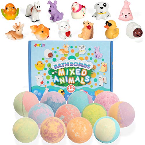 Bath Bombs with Mixed Animal Toys for Kids, 12 Packs Bubble Bath Bombs with Surprise Toy Inside, Natural Essential Oil SPA Bath Fizzies Set, Kids Safe Birthday Gift for Boys and Girls