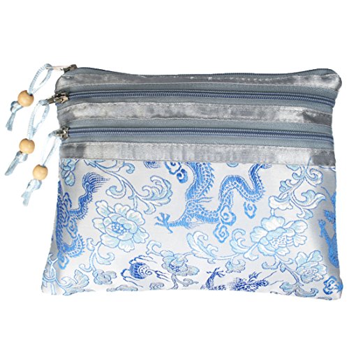 kilofly 2 pc Chinese Silk Brocade 3 Zipper Pocket Tassel Jewelry Bag Gift Pouch - Image 4