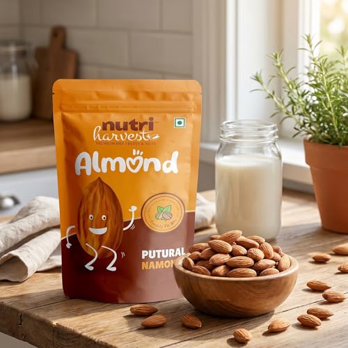 Image of NUTRI HARVEST Premium Natural Californian Almonds 200g | Raw Unsalted Badam Giri, Tasty and Healthy Snacks, Crunchy Dry Fruits | High Protein & Fiber | Rich in Magnesium & Phosphorus (Pack of 1)|