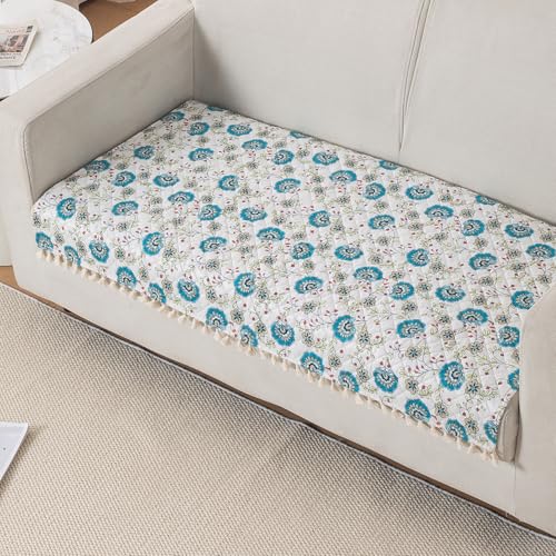 Image of HOKIPO Cerulean Bloom 2 Seater Quilted Sofa Cover Mat with Tassels 'Tassel Twigs' Series (IN-983-T6)