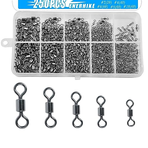 ENERHIKE 250pcs Fishing Swivel Rolling Barrel Swivel Stainless Steel Swivels Corrosion Resistance Black Nickle Connector for Freshwater Saltwater Fishing Tackle #2#4#6#8#10