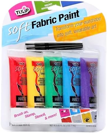 Tulip Soft Fabric Paint, Permanent on Clothes, Bold Primary Colors, 8 Pieces, 5 Paint Tubes .9 fl oz (4.5 fl oz), 3 Brushes