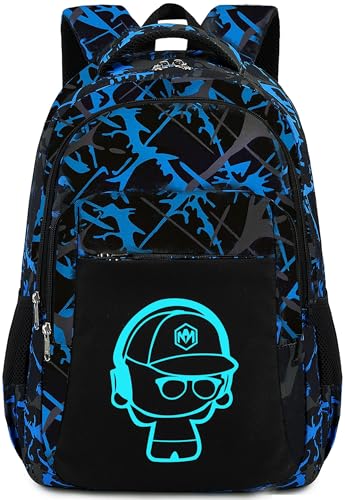 LEDAOU Mochila escolar para meninos e meninas e crianças, mochila de ensino fundamental para 8 a 14 anos, Graffiti azul preto, 16.5' x 12.2' x 4.7', Mochilas Daypack