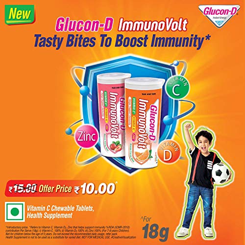 Image of Glucon-D Immunovolt Energy Bite Tube (9 Chewable Tablets) 18gm (Strawberry - Pack of 10 Tubes)
