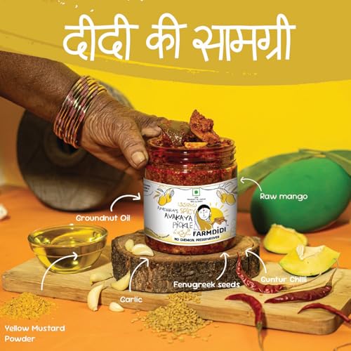 Image of Farm Didi Avakaya Pickle with Garlic in Fresh Homemade Spicy Andhra-Style Mango Achar Made with Groundnut Oil South Indian Avakai Mango Pickle Theekha Achaar No Chemical Preservatives (1kg)