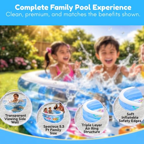 Image of Kidoyz Inflatable Pool Family Swimming Pool with Air Pump - Foldable Portable Bath Tub for Kids & Adults, Easy to Set Up for Outdoor & Indoor Use (5.3Ft + Pump)