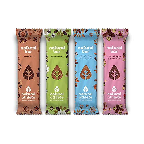 Natural Athlete Barritas Energéticas 4 Sabores: Sin Azúcar Añadido, 100% Natural, Sin Aceite de Palma, Sin Gluten, Vegana - 4 Unidades de 40 g. Total: 160 g