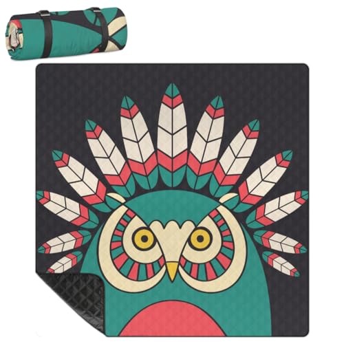 Shimoshe Extra Large Picnic Blankets 79”x 79”, Owl Feather Waterproof Foldable Picnic Mat with Straps Portable Beach Blanket for Camping Park Grass Beach Indoor