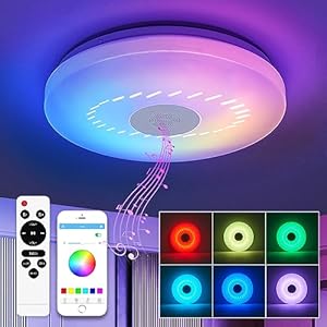 Bathroom Ceiling Light 36W LED RGB Light with Bluetooth Speaker Dimmable Flush Mount Light with Remote & APP Control, RGB Colour Change 3000K-6500K, Adjustable Light for Bedroom Kitchen Living Room