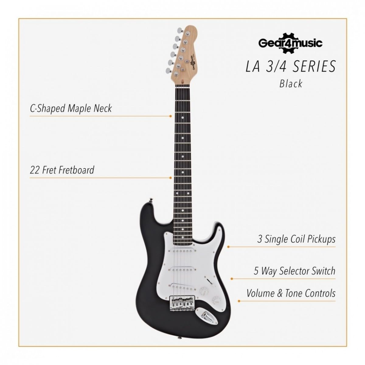 Gear4music Guitarra Eléctrica 3/4 Negra para Niños Principiantes Tamaño 8-12
