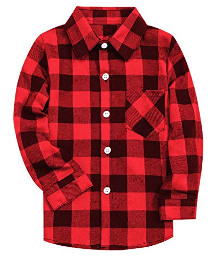 Boys Long Sleeves Button Down Plaid Flannel Shirt Tops, Red Black, Age 7T-8T