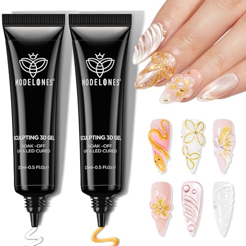 Image of modelones 3D Gel Nail Art, 2Pcs Clear Gold Sculpting Gel Nail Glue for Nail Charms Gems Chrome Nail Powder Rhinestone No Wipe Molding Nail Art DIY Home for Drawing Designs 15g*2