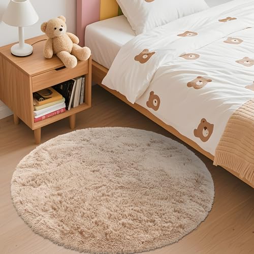 OLANLY Beige Round Rugs for Bedroom - Machine Washable, 3 ft Circle Area Rugs for Living Room, Soft and Fluffy Shaggy Carpet for Teen Girls and Boys, Nursery Rooms, Dorms, Home Decor Aesthetic