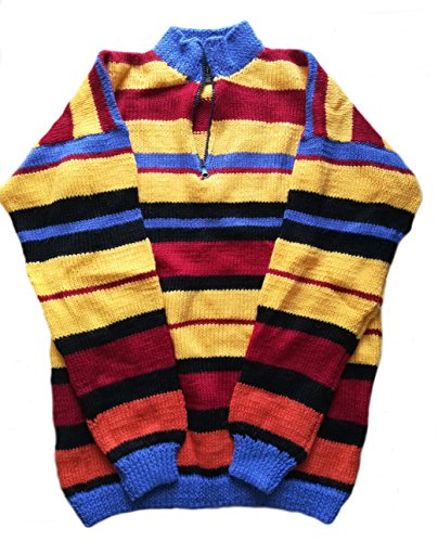 Alpacaandmore, maglione da uomo lavorato a mano, in lana alpaca, a righe, multicolore multicolore L