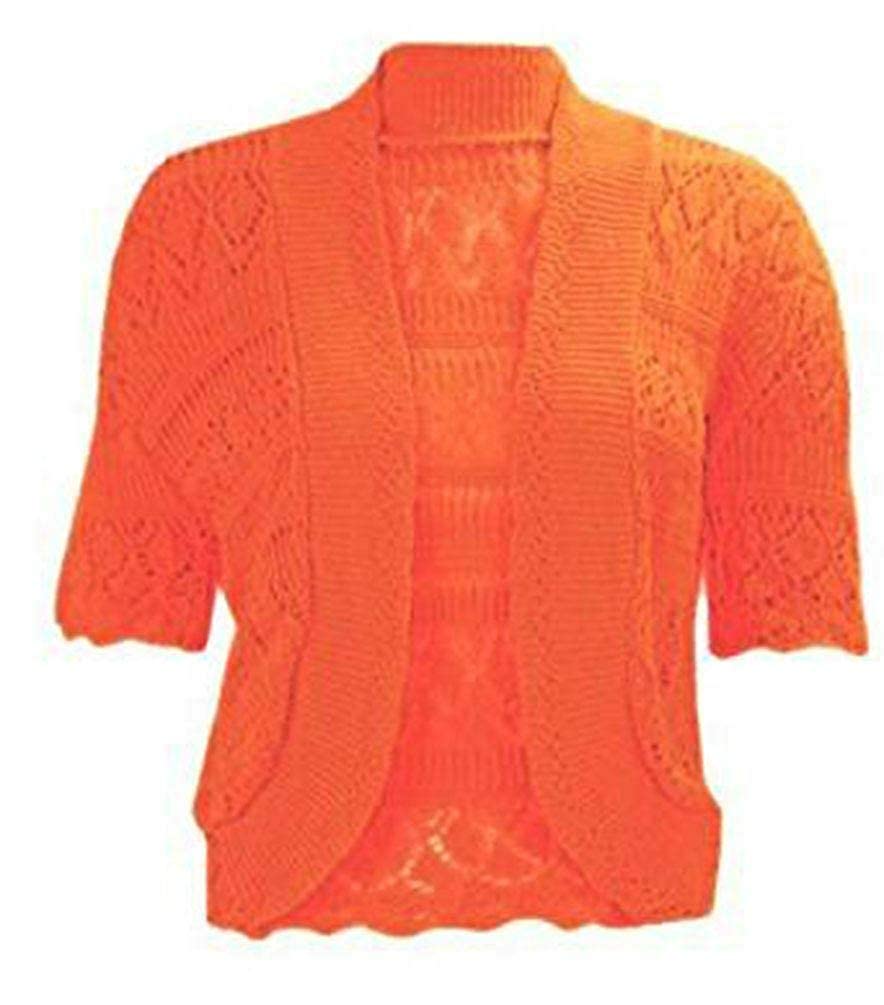 Fairy Trendz Women's Orange Short Sleeve Crochet Knitted Bolero Shrug Girls Open Front Knitted Cardigan Top