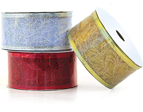 Christmas Ribbon Wired 1.5 Inch Set Of 3 Ribbon Wire Red, Gold, Silver / White Sheer Organza Glitter Gift Wrapping, Xmas Tree Ribbons Decoration, Holiday Craft, Gifts Wrap 30 Yards / 10 Yard Ea. Roll #TOP1