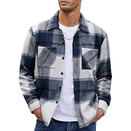 MakingDa Mens Flannel Shirt Long Sleeve Warm Thick Checked Shirt Button Down Casual Winter Plaid Shirts with Pockets Regular Fit Lapel Collar Check Shirt Jacket Smart Casual Work Shacket DarkBlue L