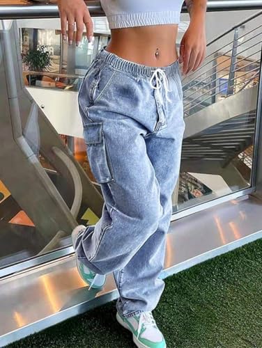 Cargo Jeans for Women Wide Leg High Waisted Stretchy Multi Pockets Baggy Denim Cargo Pants4