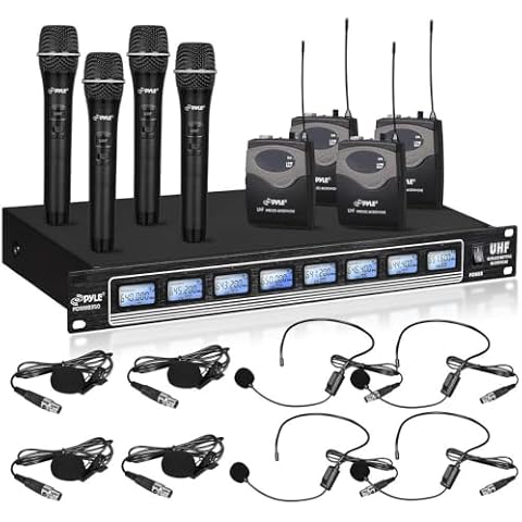 Pyle 8 Ch UHF Wireless Microphone System with Assorted Mics & Rack Mount Receiver Cover