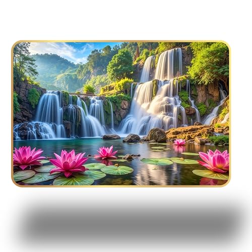 Image of Arkasto Lotus Waterfall MDF Wall Painting | Vastu Positive Wall Art for Living Room, Bedroom, Office & Home Decor | Nature Scenery with Waterfalls & Lotus Flowers (Style-04, 12x18 inch)