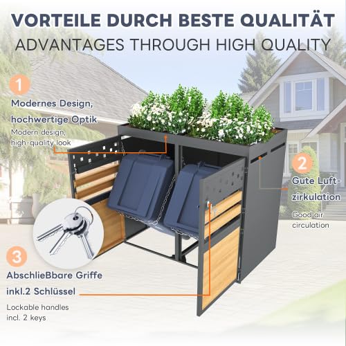 Merax Mülltonnenbox 4er Set mit Pflanzdach, für 120-240 Liter, Anthrazit Tür in Holzoptik, Erweiterbar, Garten Aufbewahrungsbox für Mülltonnen