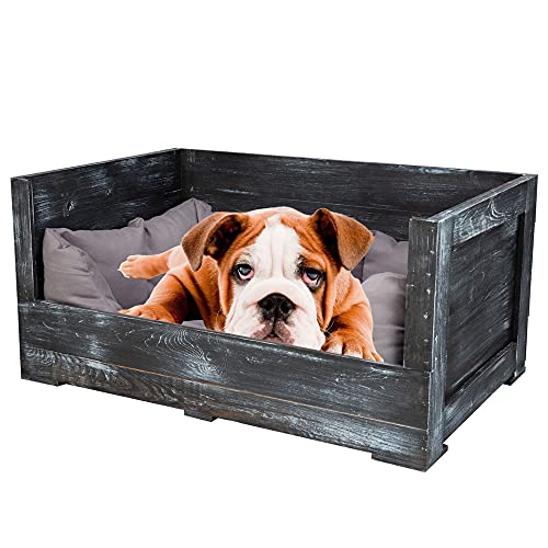 Truhenking Tolles Hundebett aus Holz mit Polsterung Vintage Design inklusive Stoffbett - NEU - 90x60x45cm - Hundesofa Cover