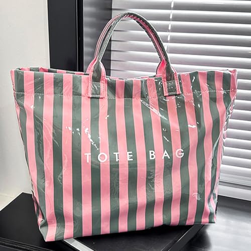 Image of Striped PVC Tote Bag for Women, Waterproof Plastic Hobo Handbag Summer Tote for Beach, Pool & Ideal Gift
