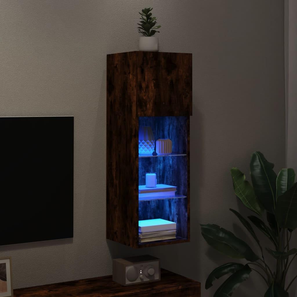 Générique Chene Fume szafka pod telewizor LED 30,5 x 30 x 90 cm | Solidne drewno konstrukcyjne, oświetlenie LED RGB, mocowanie na ścianie, duża pamięć DVD