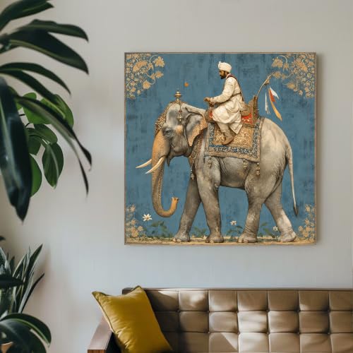 Image of PAINTINGMANTRA Digital Indian Art Man Riding Elephant Wall Decor Print Multicolor | Canvas Painting Stretched on Wood | Suits For Living Room, Bedroom, Hallways (22 Inch)