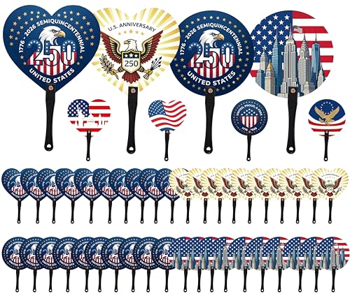 40 Pcs Patriotic 250th Anniversary Handheld Fans Bulk 4 Styles Round & Heart American Flag 4th of July Stars Stripes Red White Blue Summer Plastic Fans for Independence Memorial Day Party Favors
