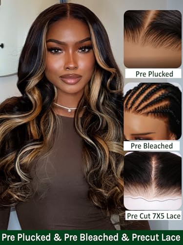 Image of KLAIYI Ombre Highlight Blonde Loose Body Wave Bye Bye Knots Glueless Wigs Human Hair 7x5 Precut Lace Front Pre Plucked Bleached Ready to Wear Go Wig with Face Framing Curtain Bang Caramel Brown 26Inch