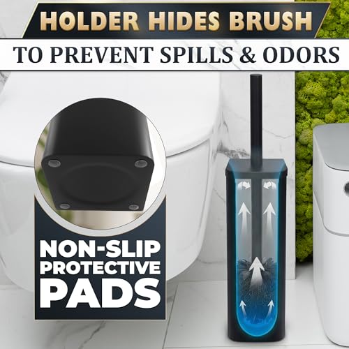 Image of Black Toilet Brush and Holder Set - Slim Matte Design that Fits Anywhere - Stainless Steel Toilet Bowl Brush and Holder with 2 Rounded Corners, Replaceable Head, Removable Inner Bowl & Splash Guard