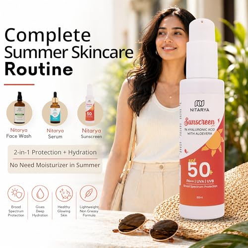 Image of Sunscreen SPF 50+ PA++ with 1% Hyaluronic Acid & Aloe Vera | Broad Spectrum UVA UVB Protection | No White Cast, Lightweight & Hydrating Daily Use Sunscreen for Face & Body | Natural, Paraben Free | 100ml