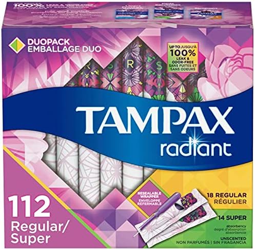 Tampax Radiant Plastic Tampons, Regular/Super Absorbency Duopack, 112 Count, Unscented, 28 Count, Pack of 4 (112 Count Total)