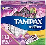 Tampax Radiant Plastic Tampons, Regular/Super Absorbency Duopack, 112 Count, Unscented, 28 Count, Pack of 4 (112 Count Total)