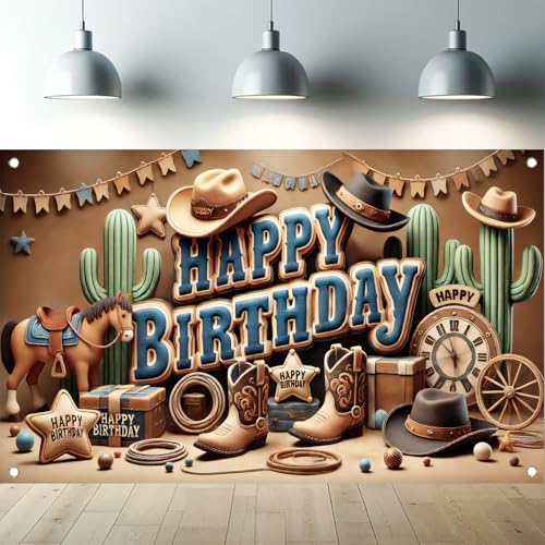 Image of Western Cowboy Happy Birthday Banner Backdrop Rustic Wild West House Barn Photo Banner Party Decorations Boots Hat Cactus Horse Rope Photo Background Props 71 x 43 inch