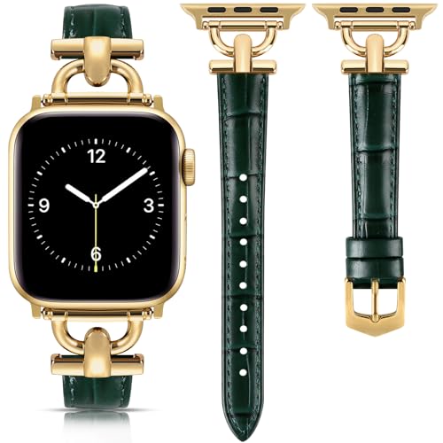 Image of Leather Band Compatible with Apple Watch Bands for Women, Dressy Fancy Strap for iWatch Series 11 /10 /9 /8 /7 /6 /5 /4 /3 /2 /1 /se /Ultra /Ultra 2(49mm 46mm 45mm 44mm 42mm,Dark Green /Gold)