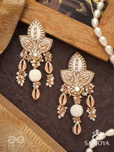 Image of SANJOYA Hand Embroidered Gold-Toned Cowrie Shell & Pearl Statement Jewellery Earrings for Women & Girls| Kundan Floral Ethnic Danglers | Lightweight Jewelry for Haldi, Mehndi, Sangeet & Wedding