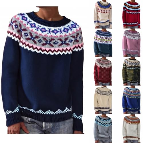 Womens Pullover Vintage Sweaters, Fall Winter Crewneck Knitted Sweater, Boho Casual Cute Fair Isle Print Tops