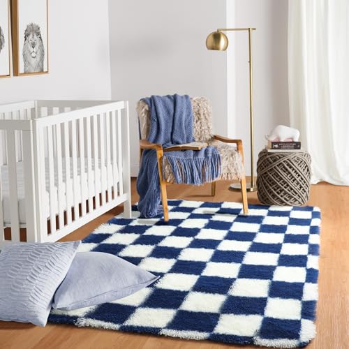 Image of KICMOR Soft Fluffy Navy Blue and Cream White Area Rug for Bedroom, 3x5 Fuzzy Shag Shaggy Checkered Rugs Small Carpet for Living Room, Indoor Plush Checkerboard Rug for Kids Boys Home Decor Aesthetic